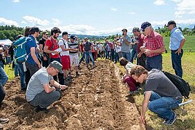 Two rows of people looking at tilled soil